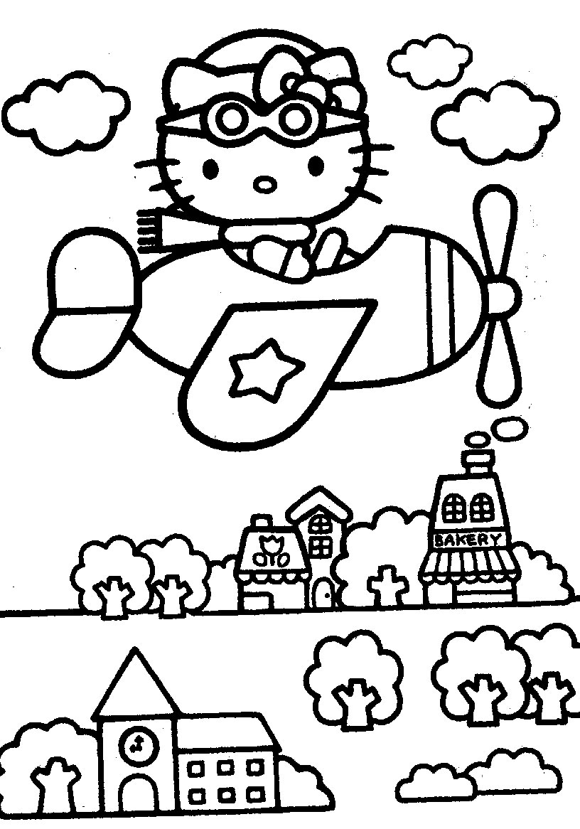 Gambar Mewarnai Hello Kitty Naik pesawat